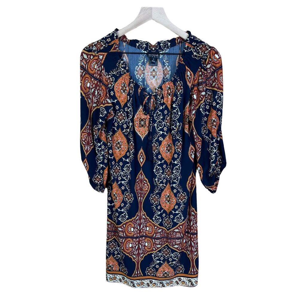Enfocus Womens SZ 4 Mini Dress Boho Art Costal Novelty Print Lightweight Beachy